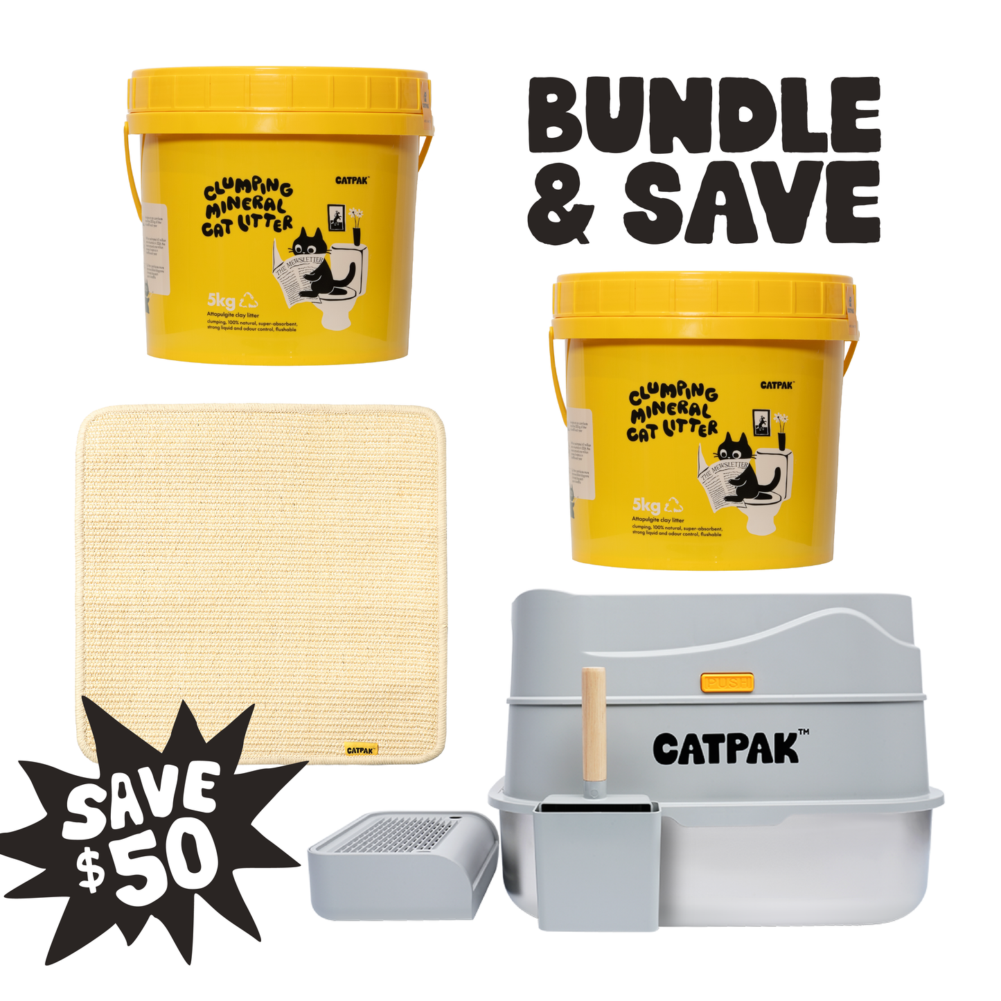 BUNDLE & SAVE: 3-Piece litter box + 2 Litters + Sisal scratching mat
